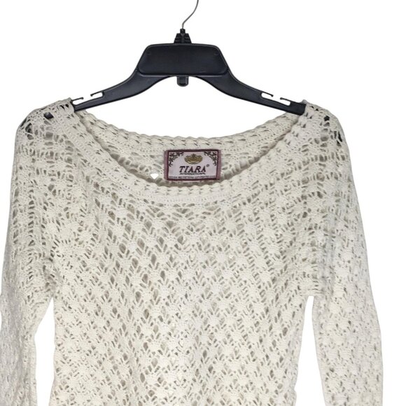 Vintage Tiara International Sweater Beachy Women Medium White Crochet Open Knit - Picture 2 of 14